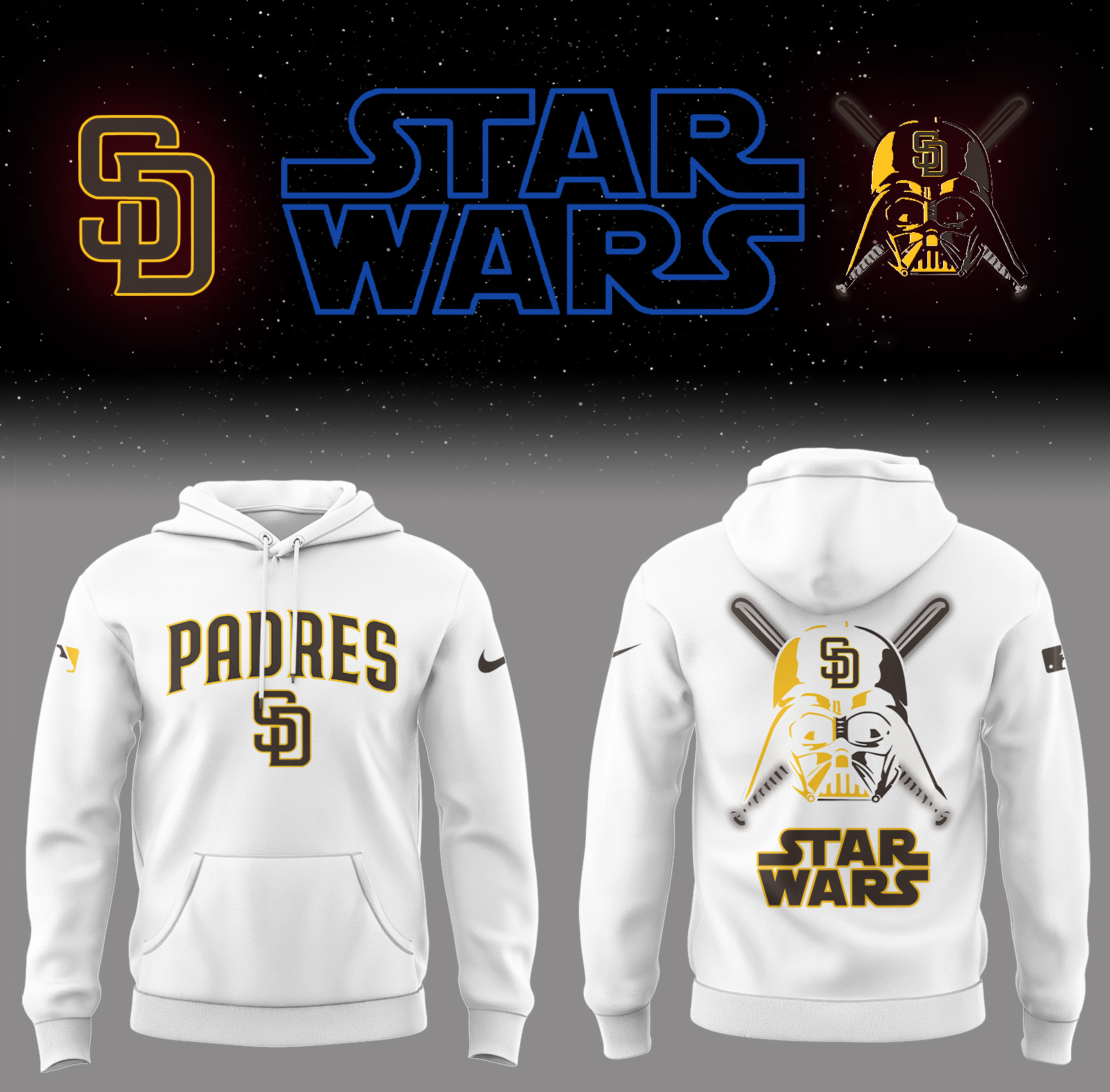 Padres Baseball 2025 Padres x Star Wars White Hoodie Gifts For Baseball Players Baseball Father's Day Gifts