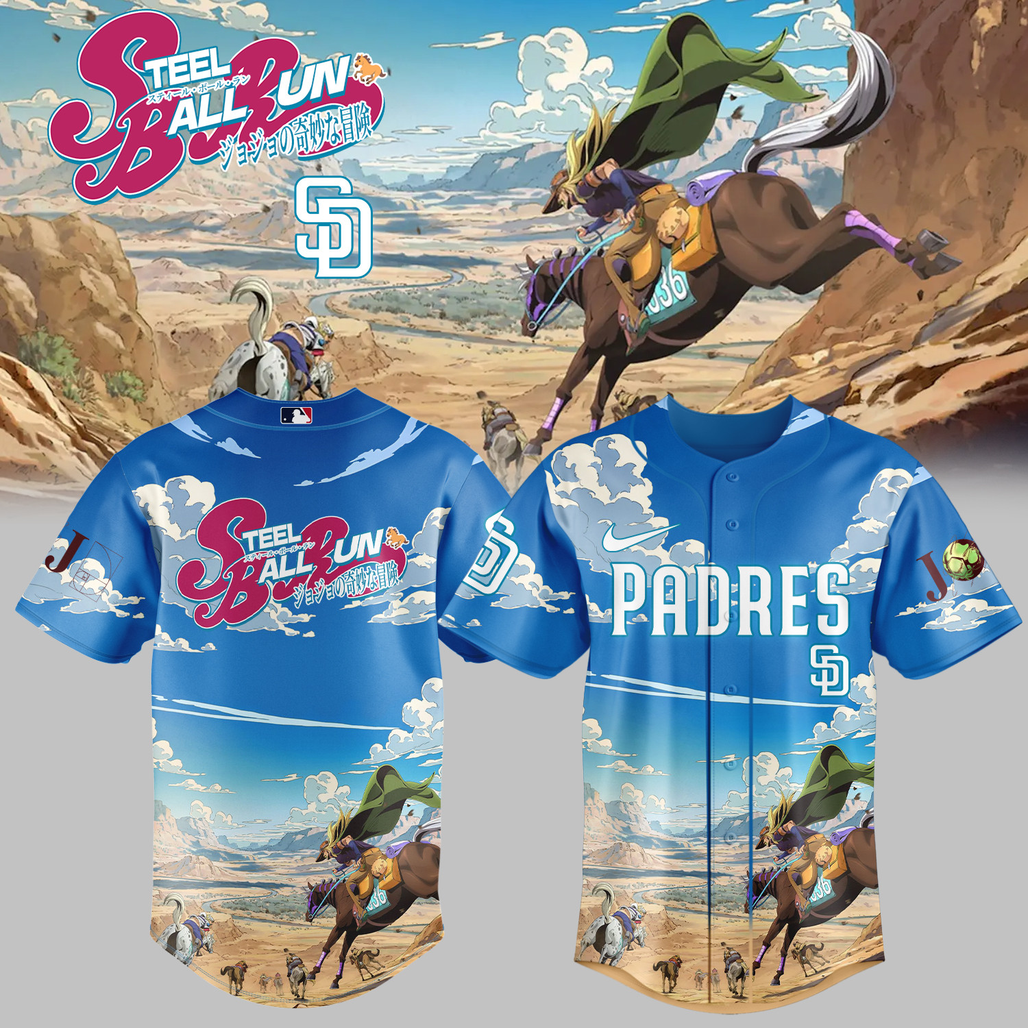 Padres x Steel Ball Run Baseball Jersey Gyro Zeppeli Horseback Graphic Tee Great Gift For Fans