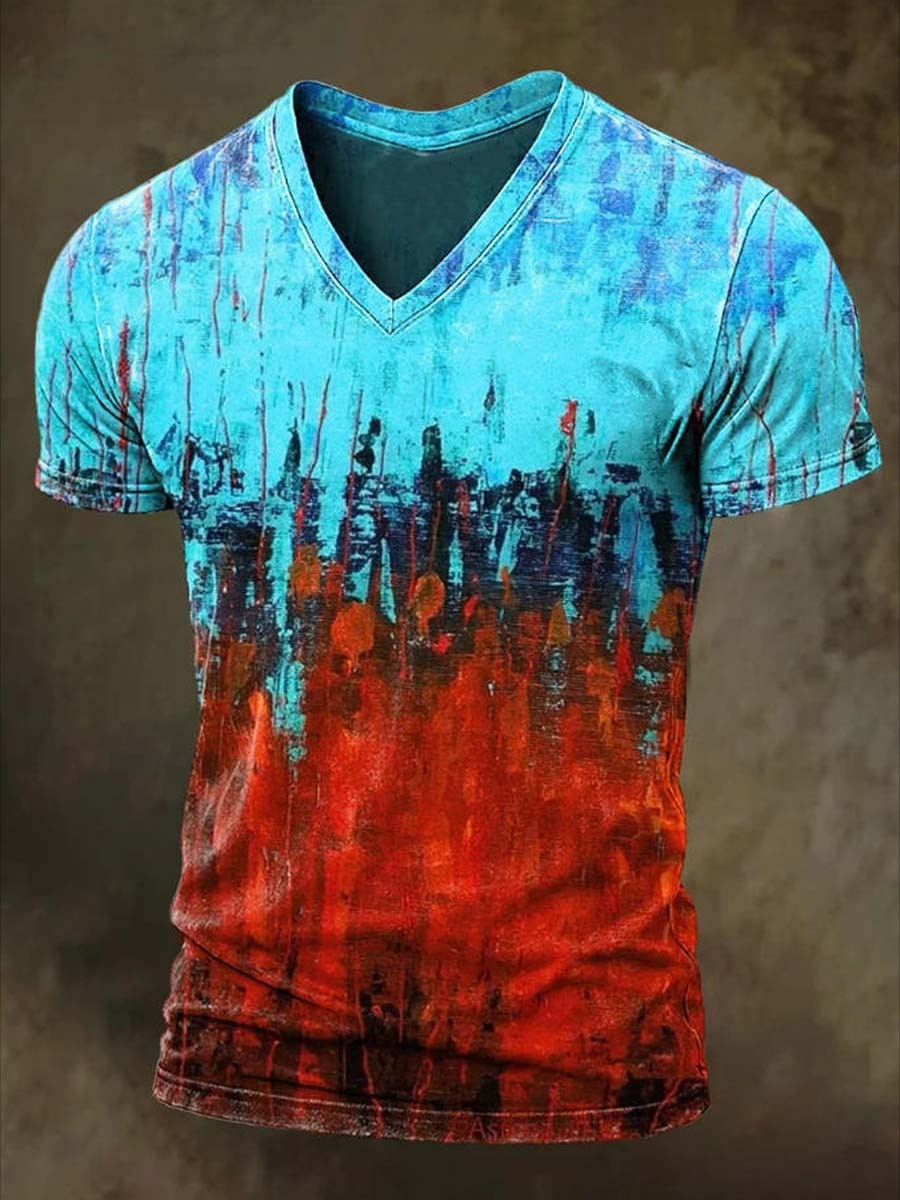 Paint Splash V-Neck Shirt Colorful Gradient Red Blue Artistic Graphic Tee Gifts For Men