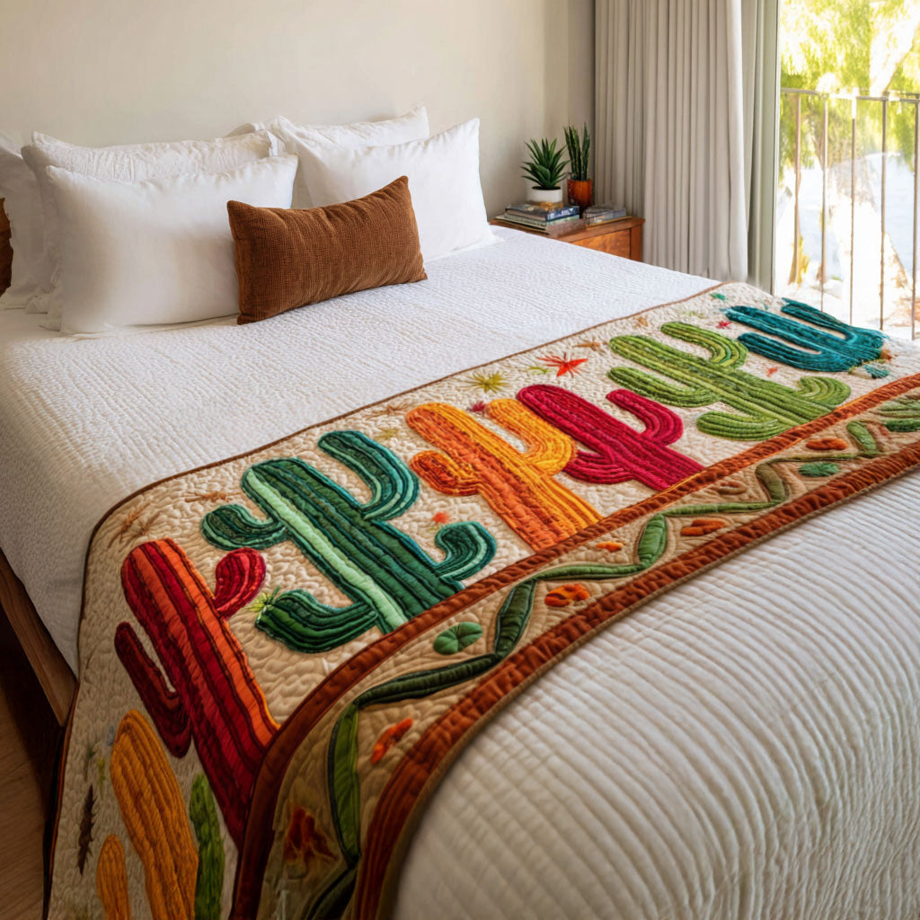 Painted Desert Blossoms Quilted Bed Runner Bed Room Decoration Unique Cactus Gifts