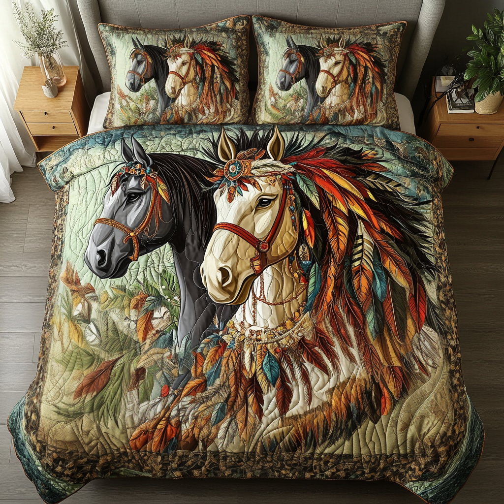 Painted Hooves Quilted Bedding Set Cozy Bedroom Decor Unique Native American Gifts