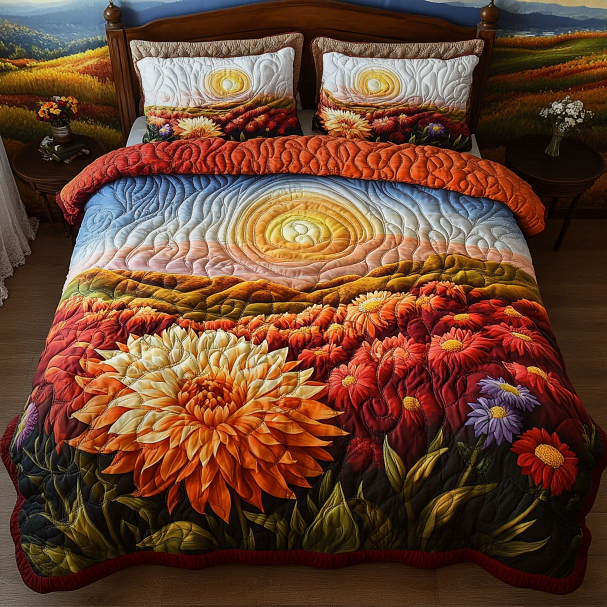 Painted Leaves and Flowers Quilted Bedding Set Bed Decorations Autumn Gifts Items