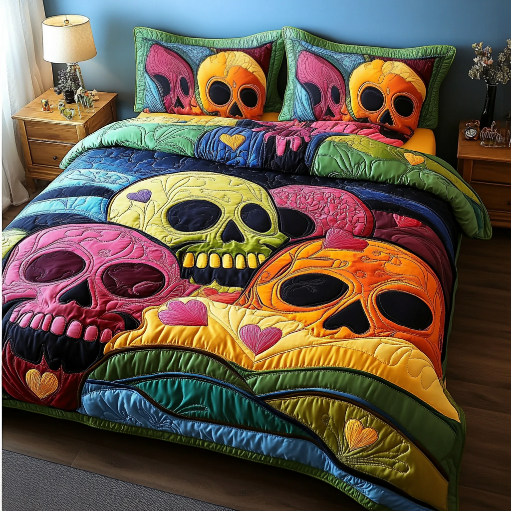 Painted Skulls Quilted Bedding Set Bed Room Decoration Skull Gifts For Her