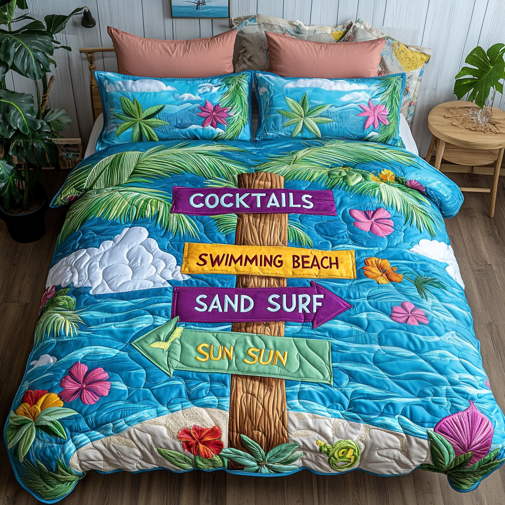 Palm Dreams Quilted Bedding Set Cute Room Decor Gift Ideas For Surfer Guys