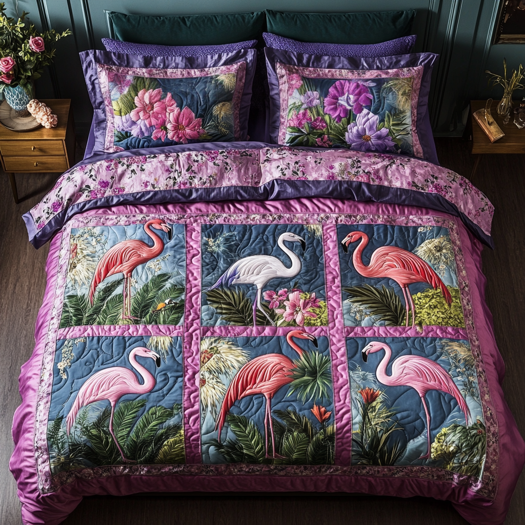 Palm Elegance Quilted Bedding Set Aesthetic Room Decor Awesome Flamingo Gifts