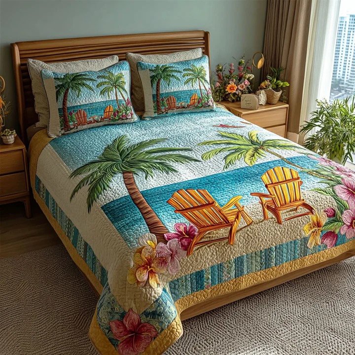 Palm Escape Quilted Bedding Set Tropical Bedroom Decor Cozy Home Gift For Island Lovers