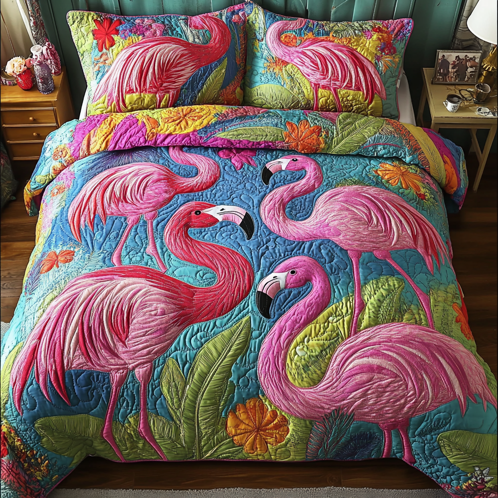 Palm Romance Quilted Bedding Set Aesthetic Room Decor Great Flamingo Lover Gifts