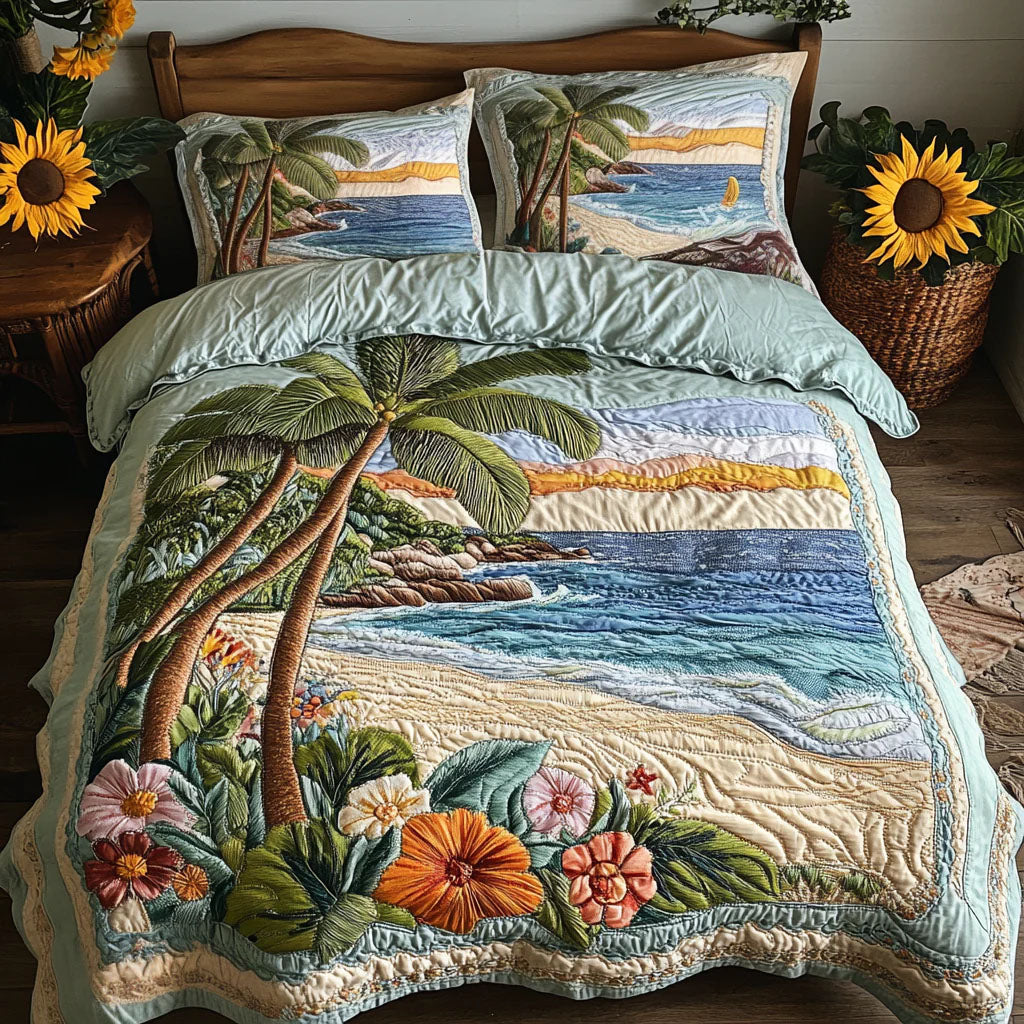 Palm Serenity Quilted Bedding Set King Bedspread Tropical Gift For Sister