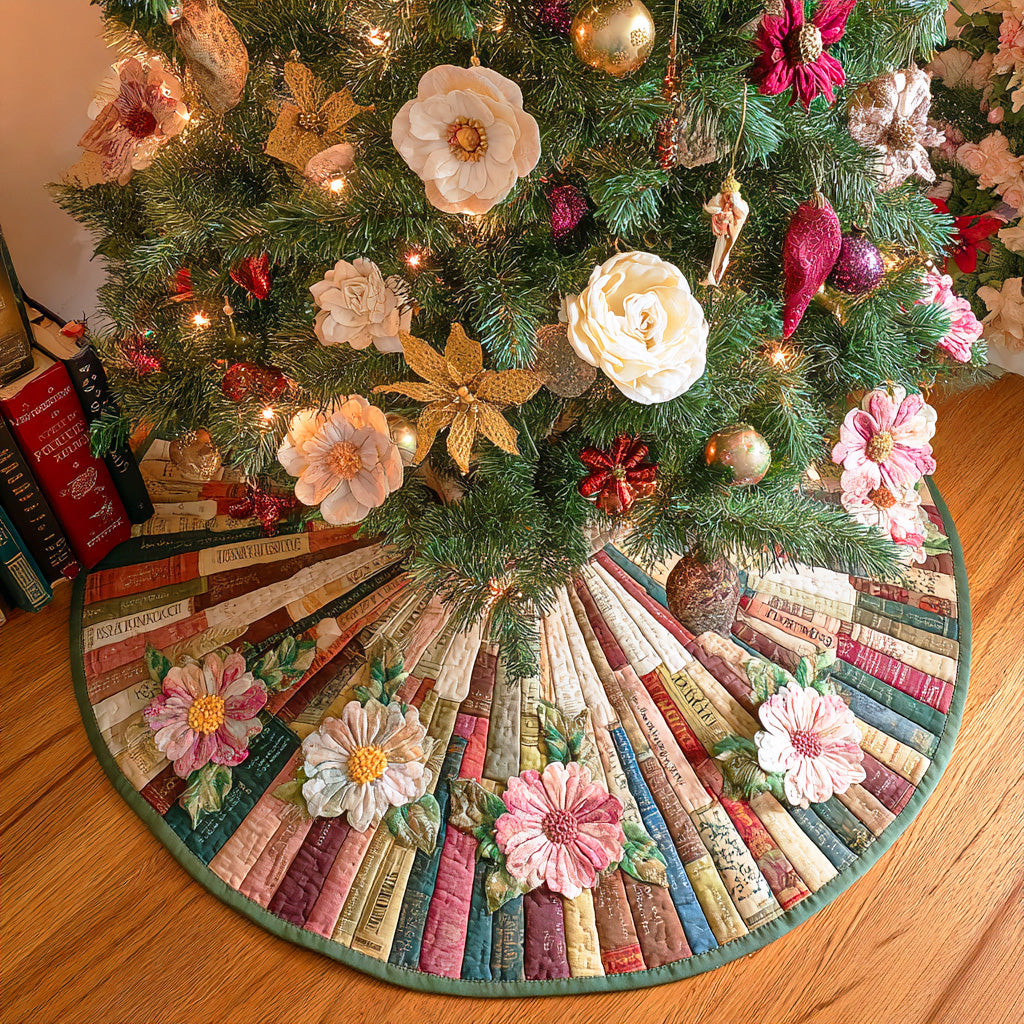 Paper Realm Christmas Quilted Tree Skirt Xmas Home Decor Christmas Gifts For Book Lovers