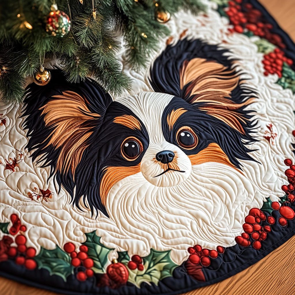 Papillon Among Blossoms Quilted Christmas Tree Skirt Heartwarming Christmas Tree Skirt Gift for Loved Ones