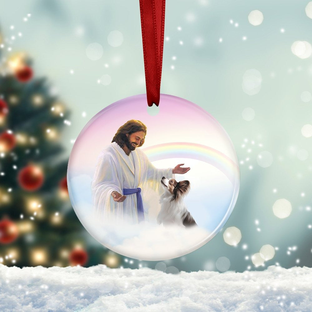 Papillon And Jesus Circle Ceramic Ornament Religious Christmas Ornaments Gifts For Dog Lovers