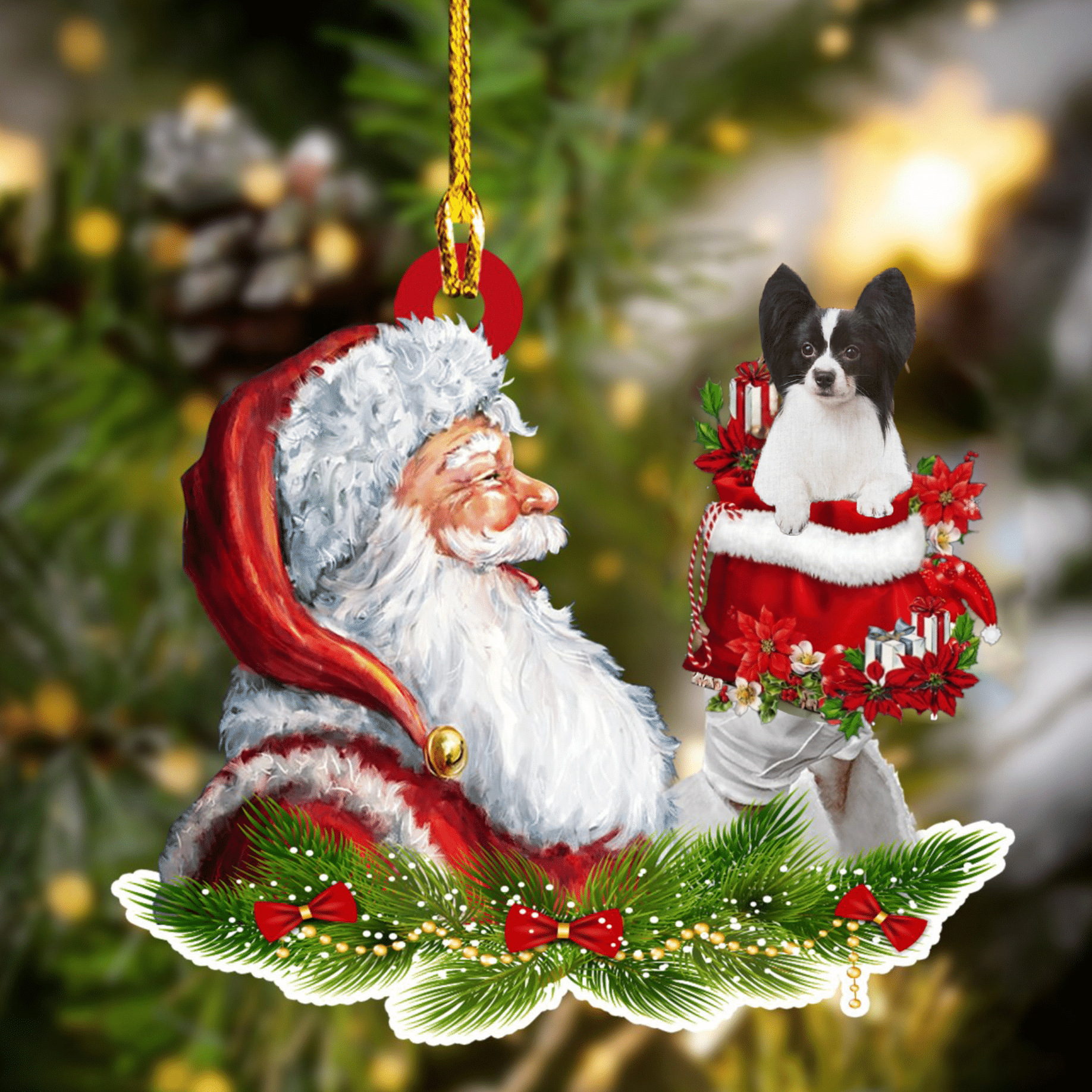 Papillon and Santa Christmas Ornament for Dog Lovers Dog Mom Acrylic Dog Ornament