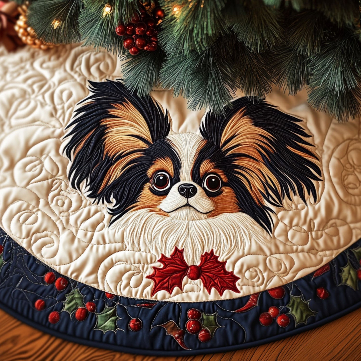Papillon Charm Quilted Christmas Tree Skirt Christmas Holiday Decor Home