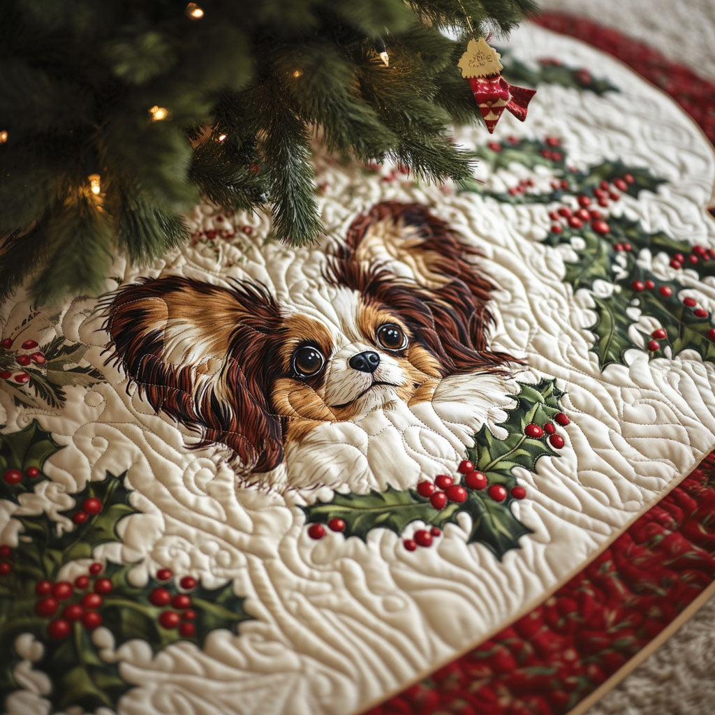 Papillon Playtime Quilted Christmas Tree Skirt Seasonal Gift Merch for Festive Homes