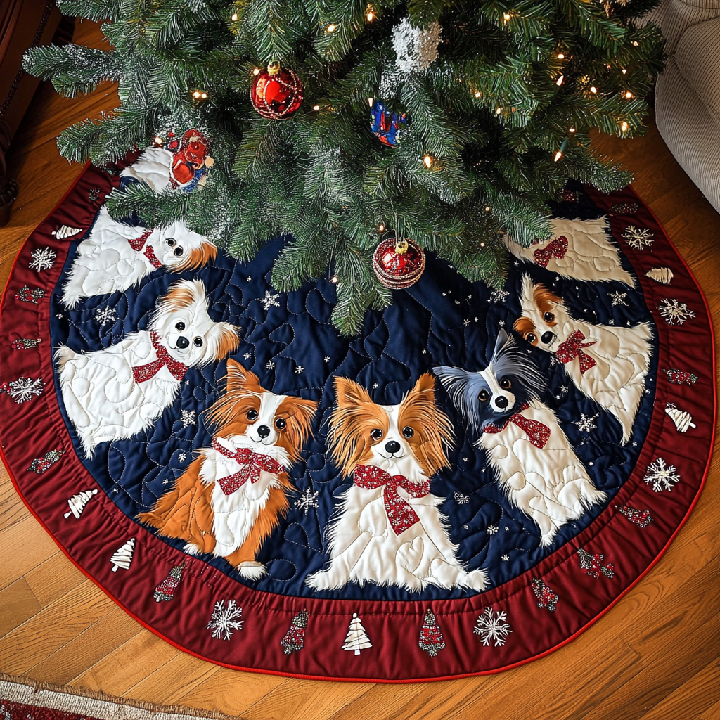 Papillon Xmas Joy Christmas Quilted Tree Skirt Lovely Gift Merch for a Festive Home