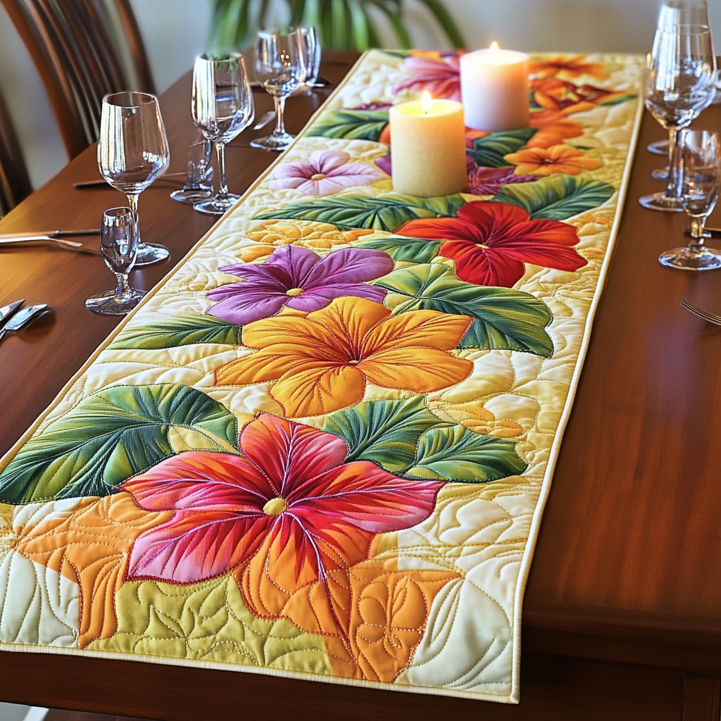 Paradise Hibiscus Quilted Table Runner Floral Table Cover Good Family Gifts
