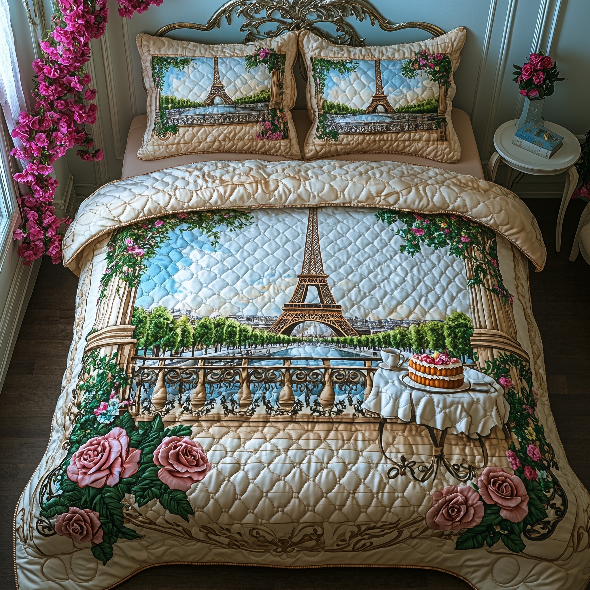 Paris Bloom Balcony Quilted Bedding Set Striped Design