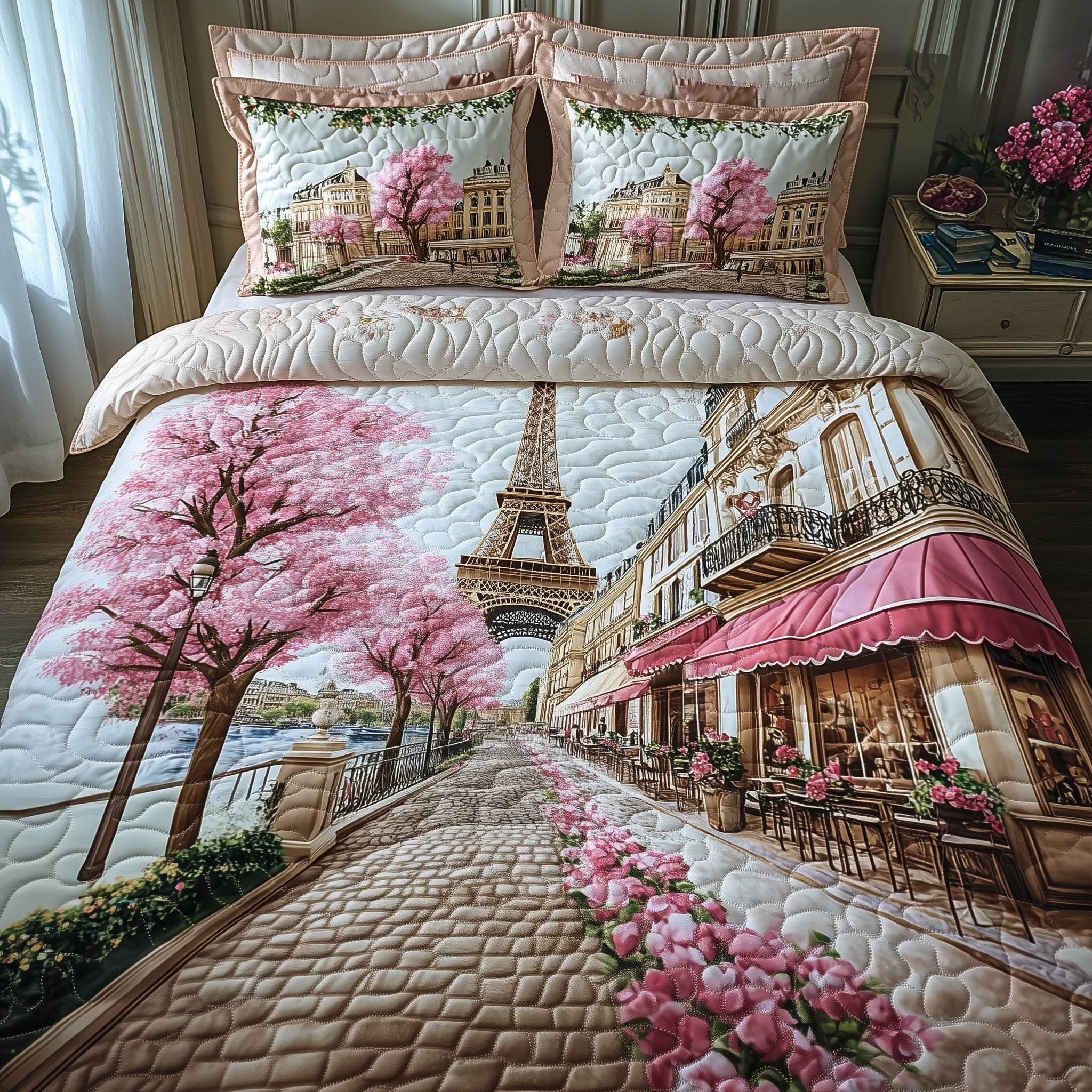Paris in Bloom Quilted Bedding Set Duvet Cover Bedspread Gifts For Paris Lovers