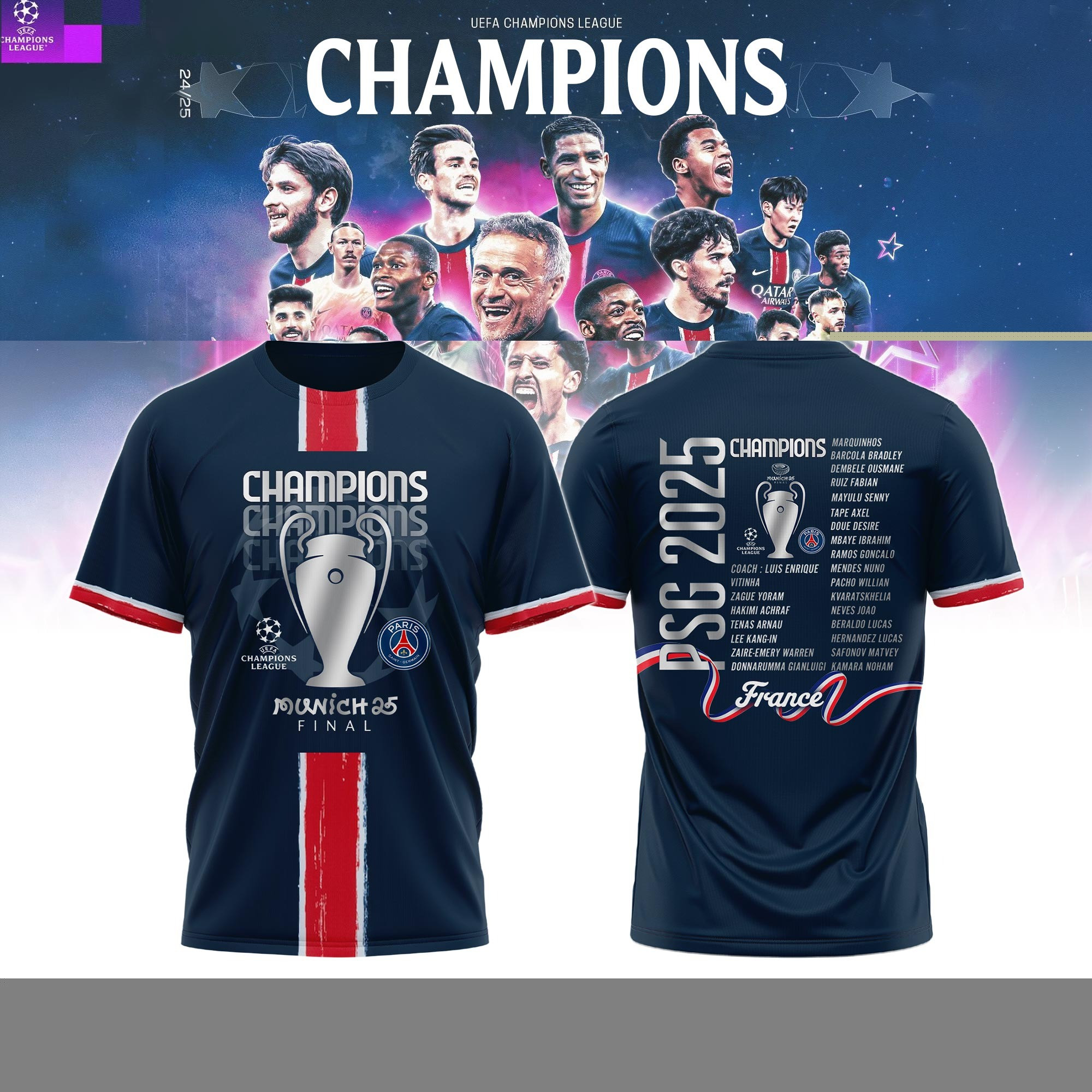 Paris Saint-Germain F.C. Champions League Winner 2025 Champions Shirt PSY Merch Mens Gift