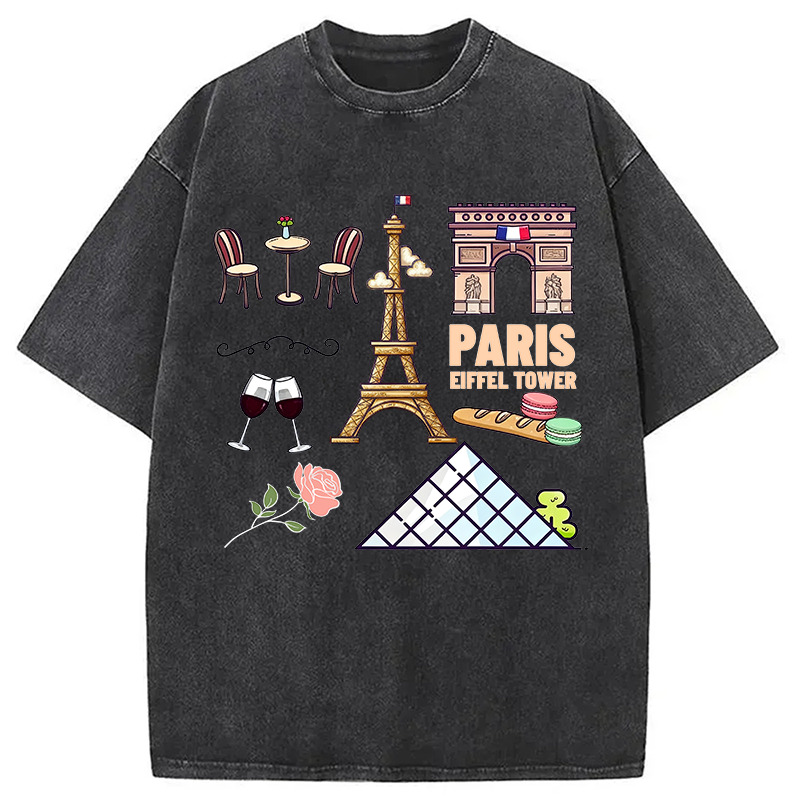 Paris View Washed T-Shirt Trendy Everyday Casual Outfit Gifts For Friends