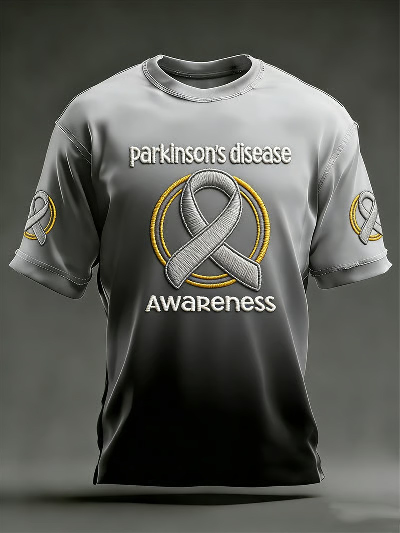 Parkinson Disease Awareness T-Shirt Silver Ribbon Gold Circle Embroidery Advocate Gift For Fighters