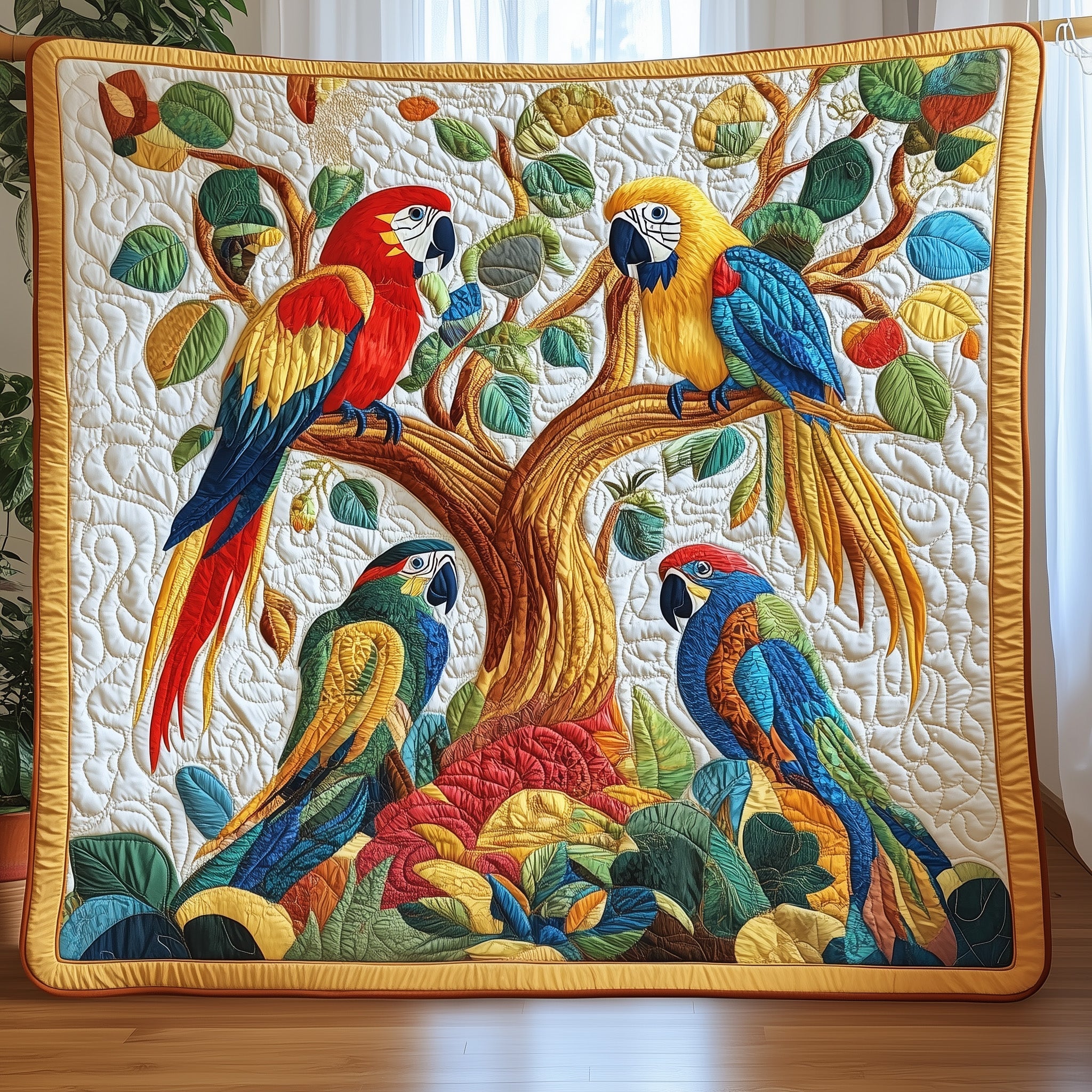 Parrot Paradise Quilted Blanket Merchandise Throw BlanketCute Parrot Gift Ideas