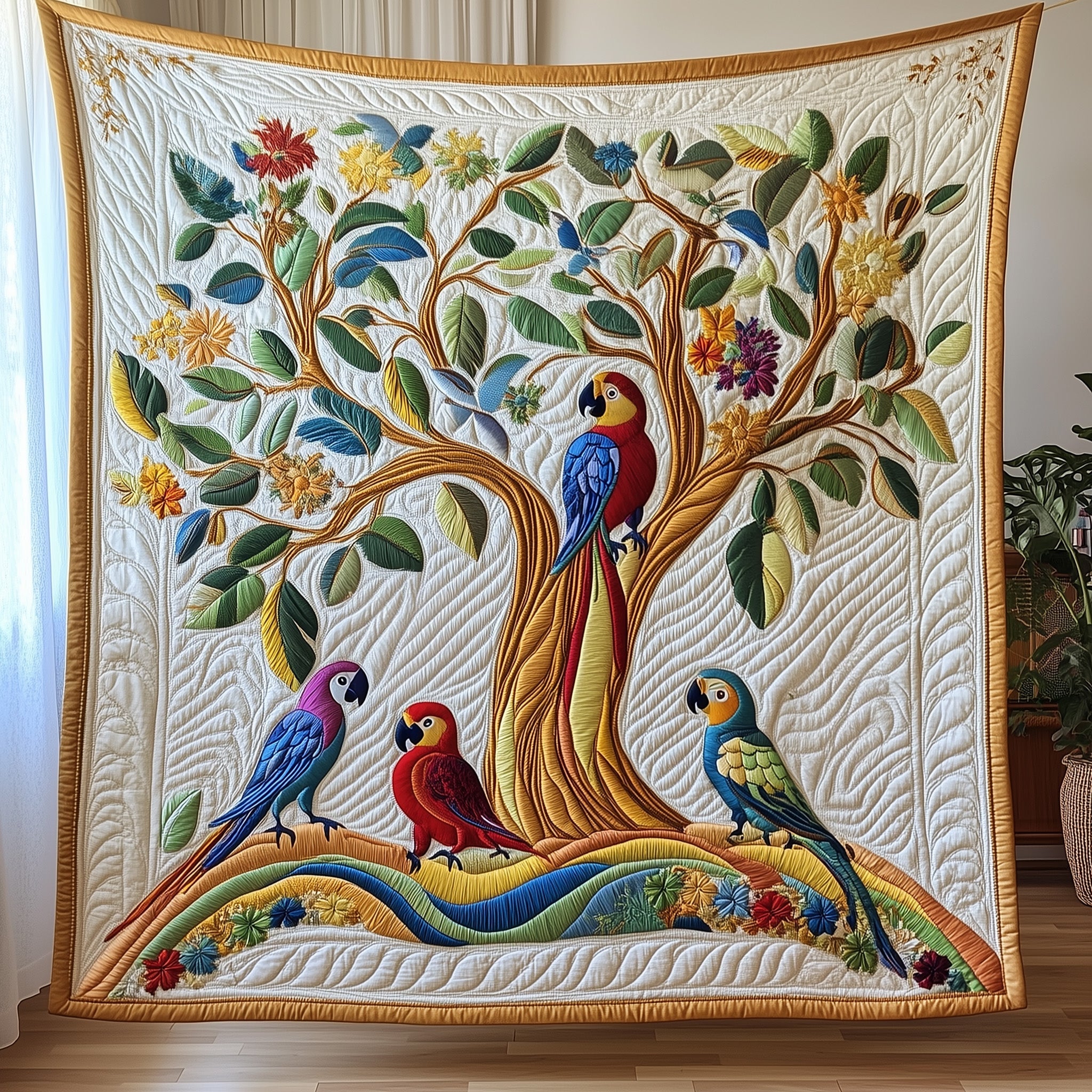 Parrot Paradise Quilted Blanket Merchandise Throw BlanketParrot Gifts Online