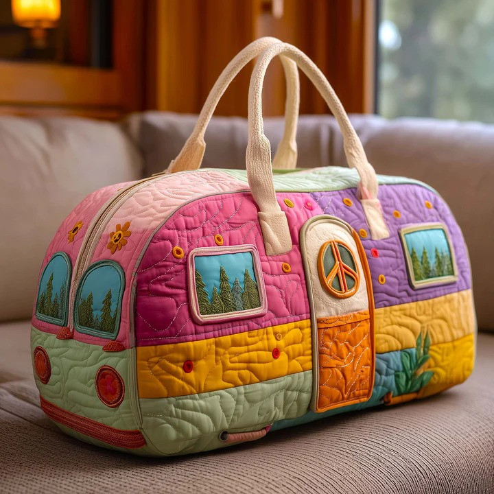 Pastel Camper Van Flowers Quilted Duffle Bag Boho Travel Bag Best Gift For Camper Lovers