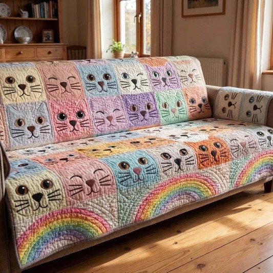 Pastel Cat Rainbow Quilted Sofa Cover Cat Lover Home Decor Gift For Cozy Living Room
