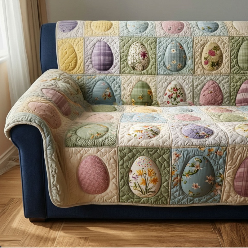 Pastel Egg Reverie Quilted Sofa Cover Easter Floral Decor Best Gift For Easter Lovers