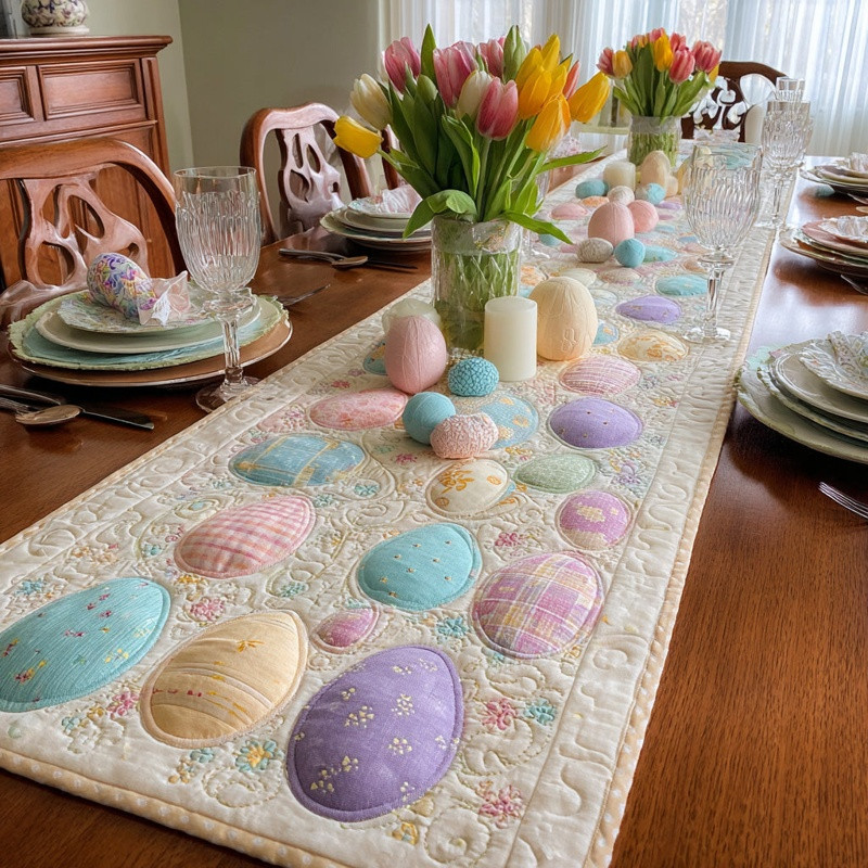 Pastel Eggs Floral Quilted Table Runner Easter Spring Table Decor Gift For Easter Lovers