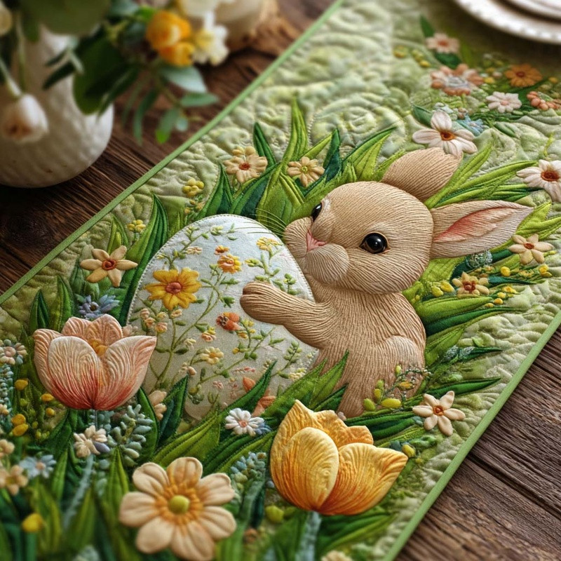 Pastel Garden Bunnies Quilted Table Runner Easter Spring Table Decor Gift For Easter Lovers
