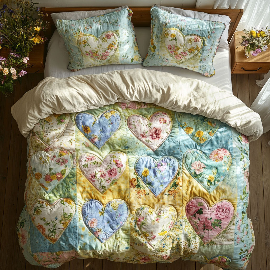 Pastel Heart Patchwork Quilted Bedding Set Duvet Cover Bedspread Present Ideas For Her