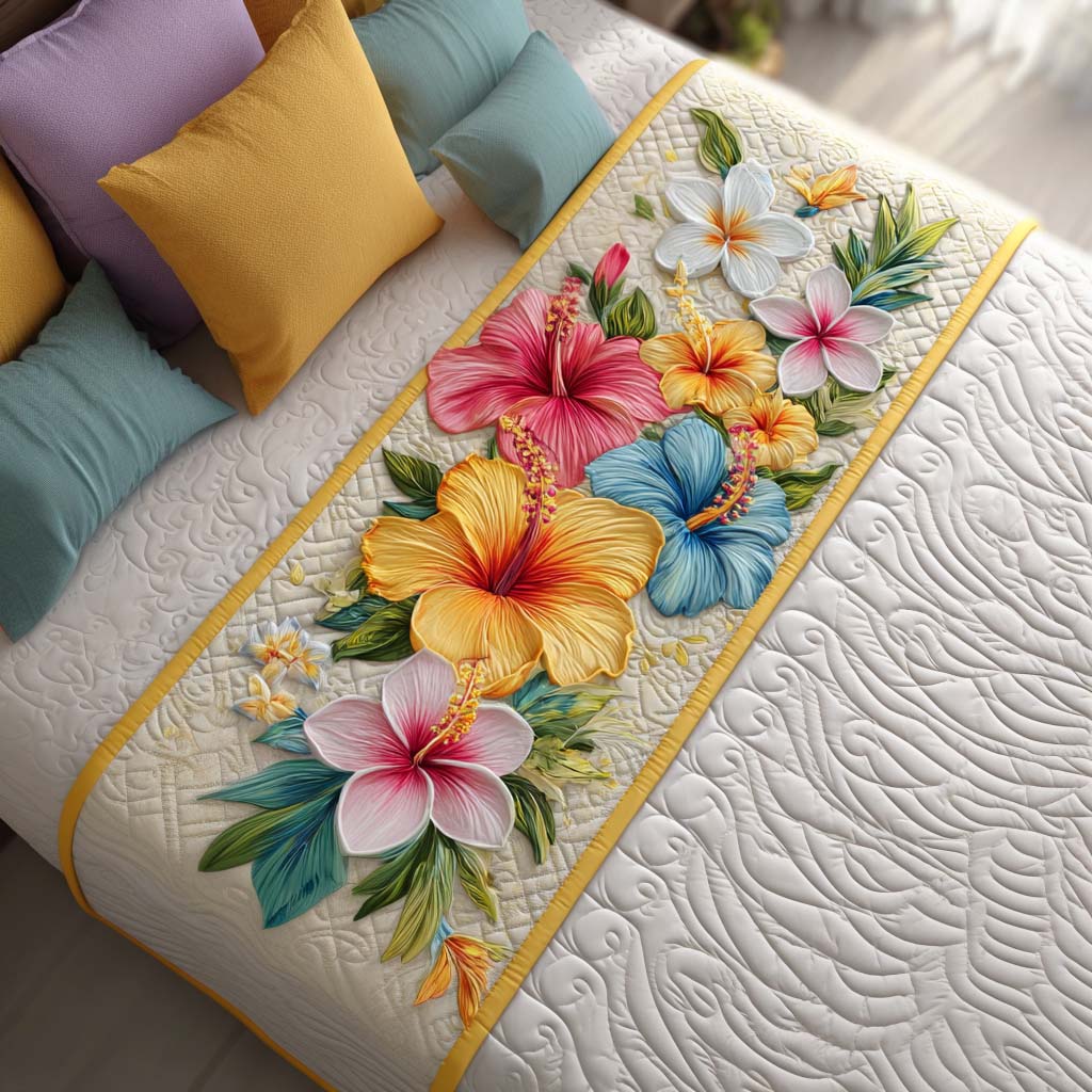 Pastel Hibiscus Quilted Bed Runner Bed Room Decoration Gifts For The Flower Lover
