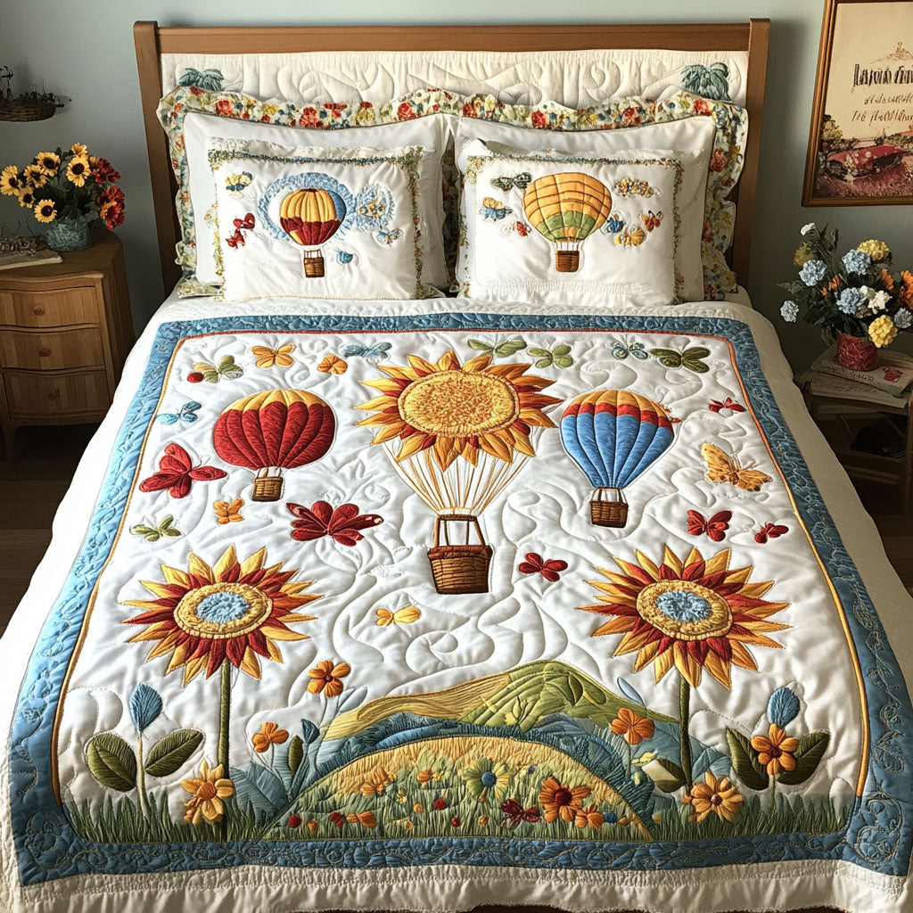 Pastel Horizons Quilted Bedding Set Bedroom Decor Sky Air Balloon Merchandise 