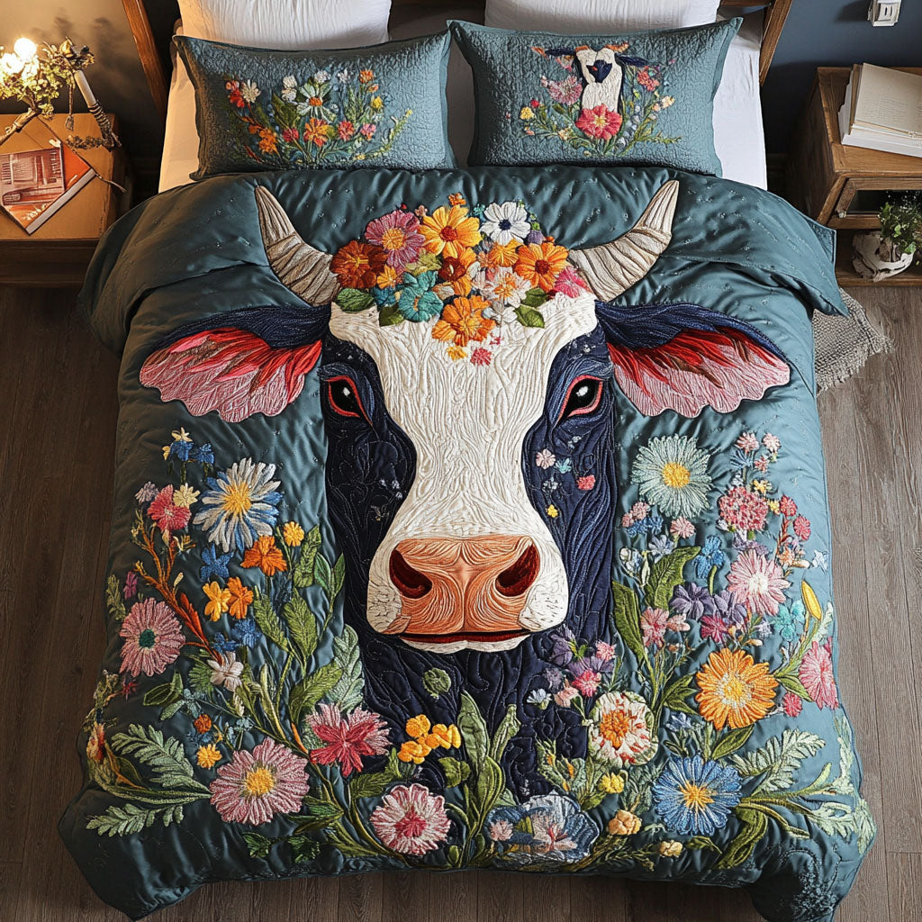 Pastoral Beauty Quilted Bedding Set Bed Decor Gifts For Highland Cow Lovers