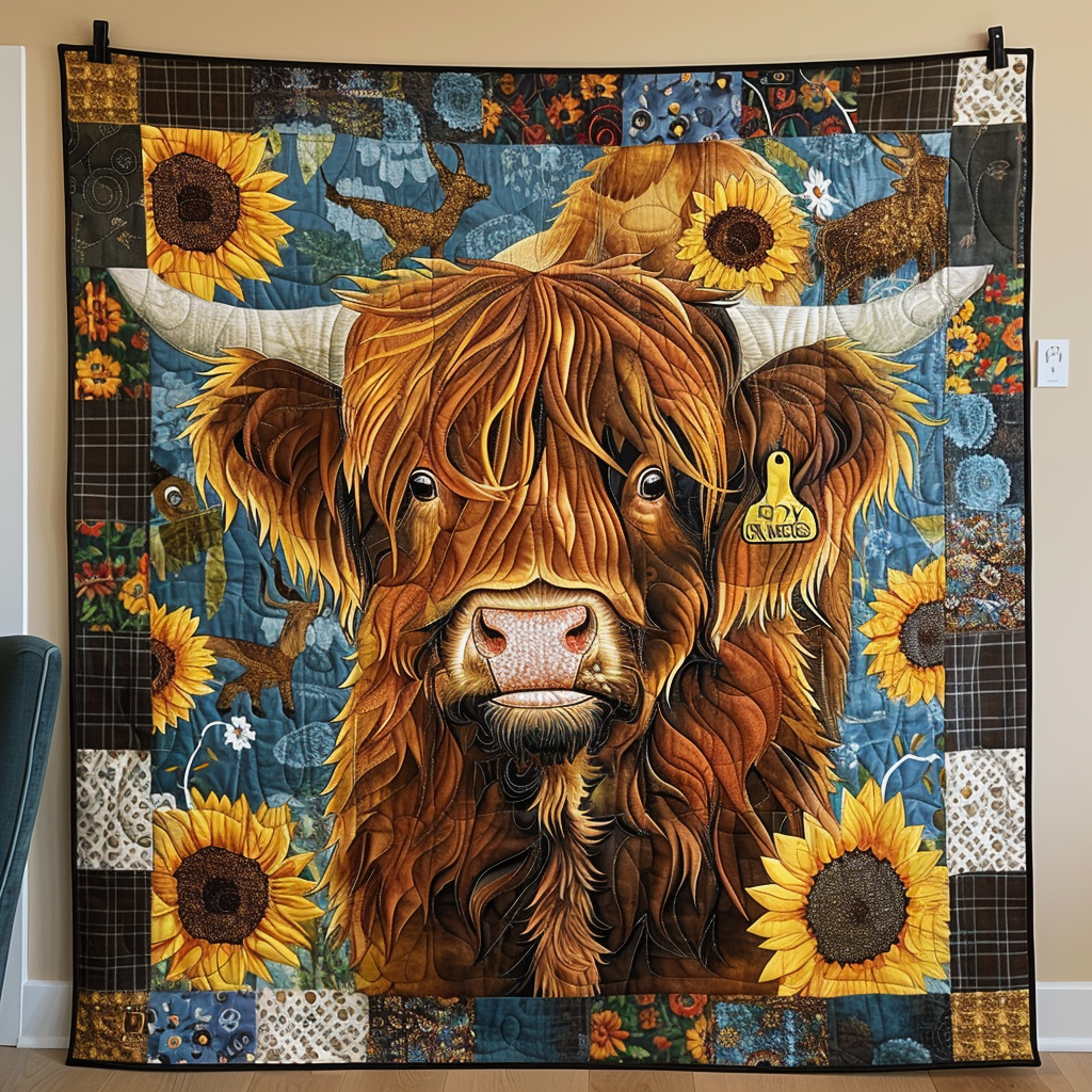 Pastoral Cow And Sunflower Quilted Blanket Gift For Cow Lover