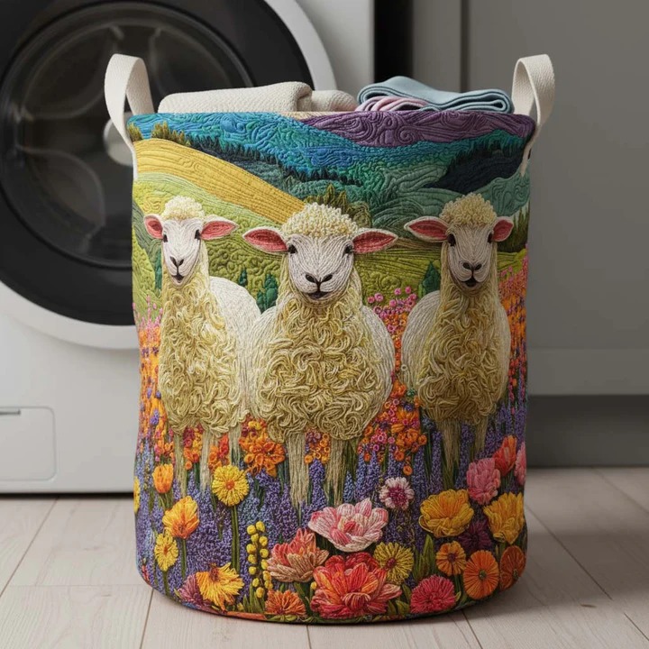 Pasture Sheep Rolling Hills Quilted Laundry Basket Farm Country Home Decor Best Gift For Sheep Lovers