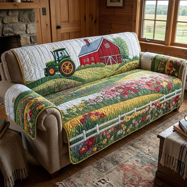 Pasture View Quilted Sofa Cover Farmhouse Country Furniture Protector Best Home Decor Gift Ideas