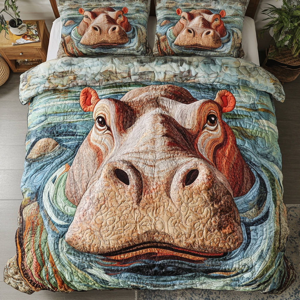 Patch Pride Quilted Bedding Set Bedroom Decorations Cute Hippo Gifts