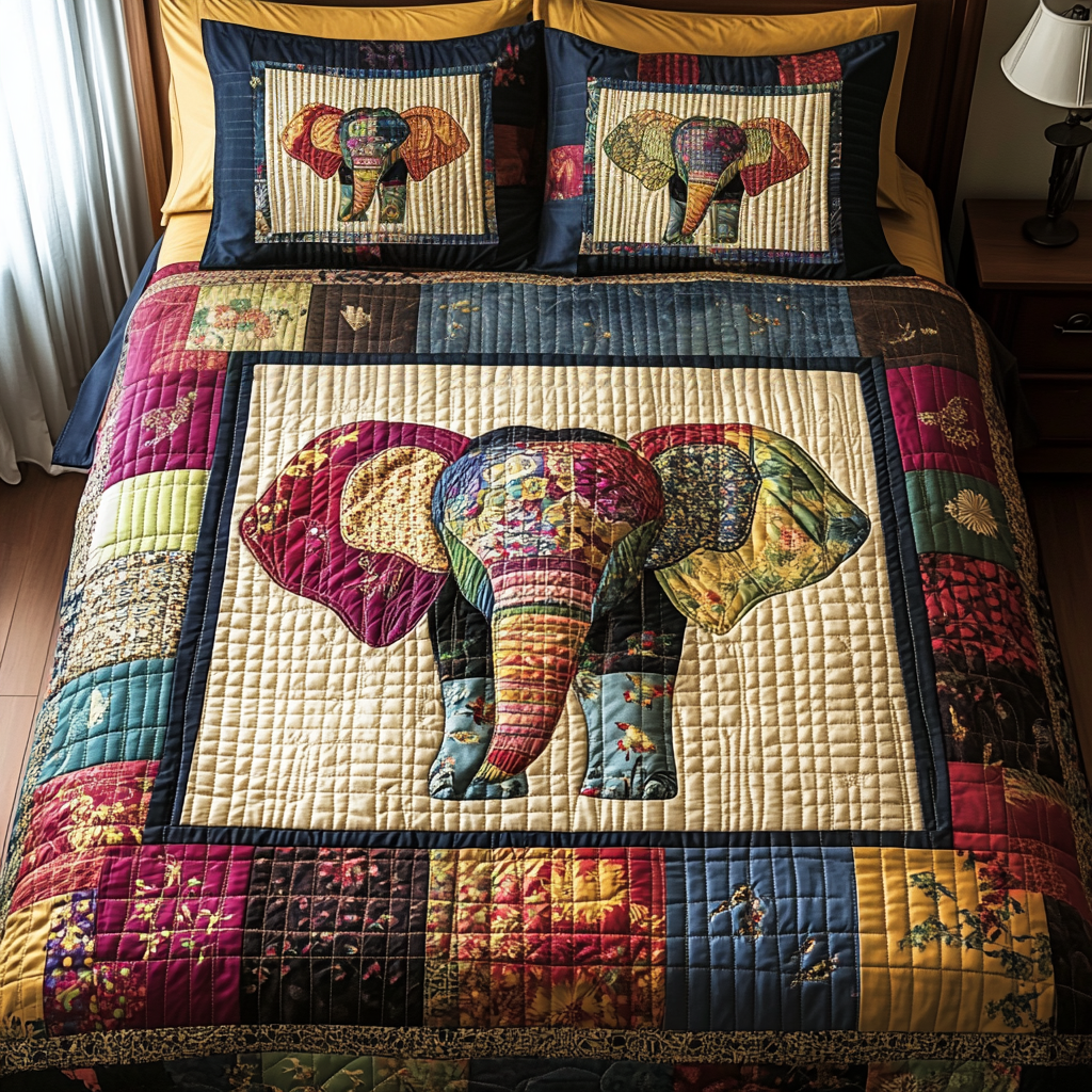Patchwork Bliss Quilted Bedding Set Holiday Duvet Cover Set Elephant Love Gifts For Her
