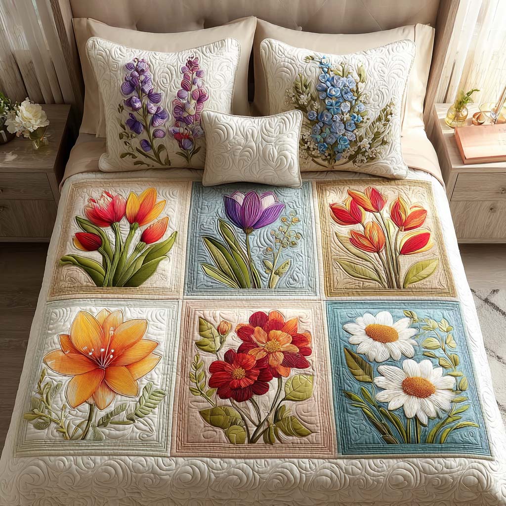 Patchwork Bloom Quited Bedding Set Modern Bedding Set to Upgrade Your Bedroom