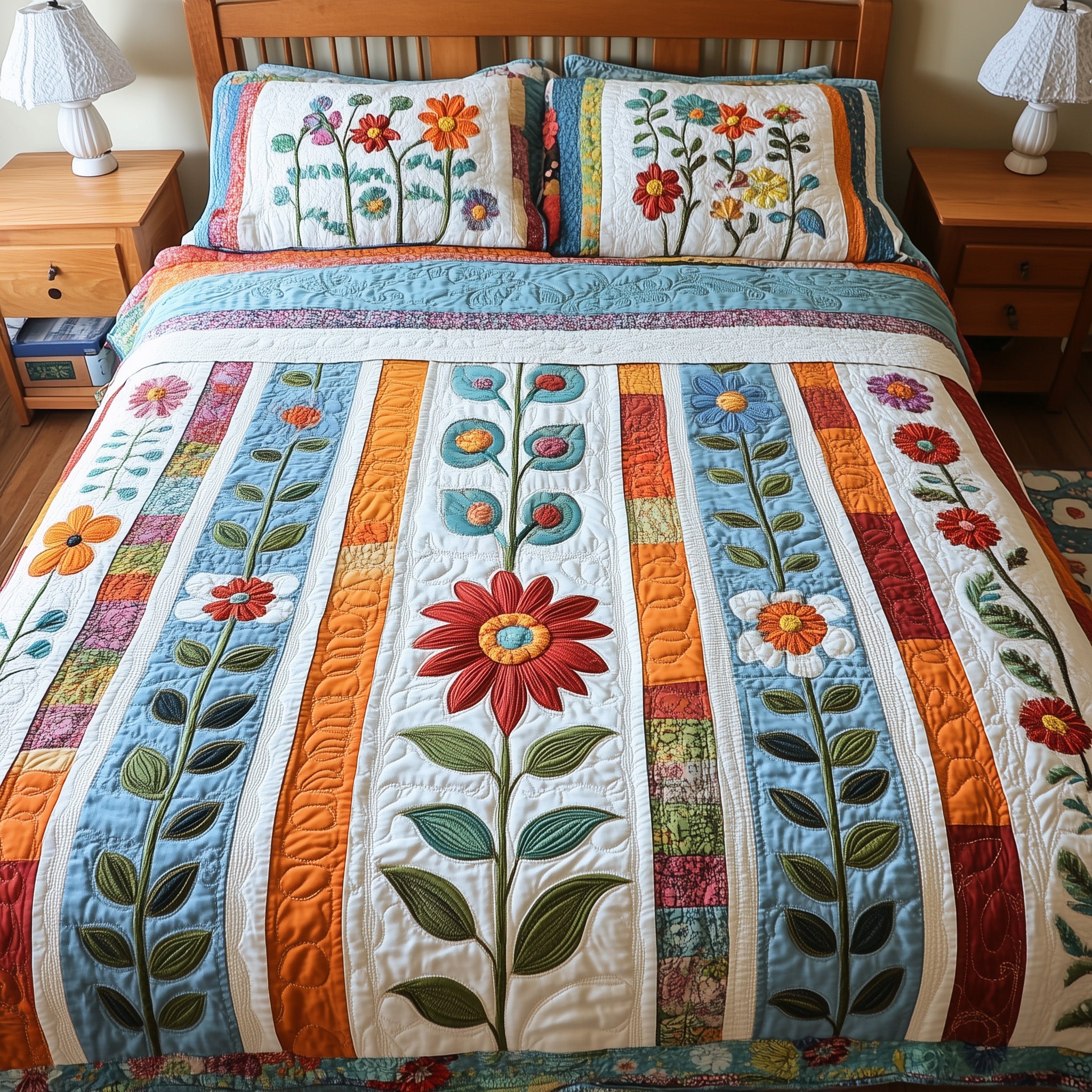 Patchwork Blooming Meadow Quilted Bedding Set Duvet Cover Bed Sheet Secret Santa Present Ideas For Her