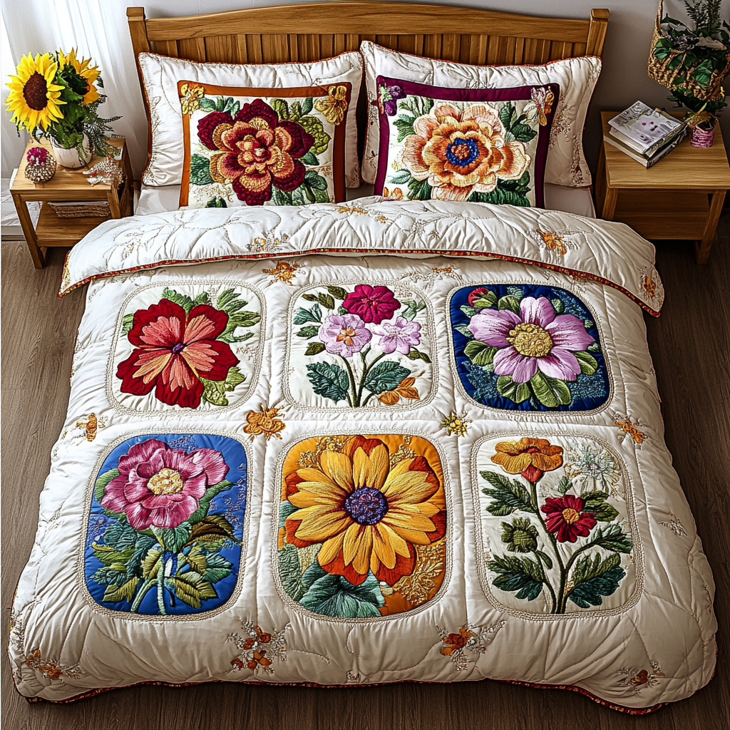 Patchwork Blooms Quilted Bedding Set Bed Decor Best Gifts For Flower Lovers