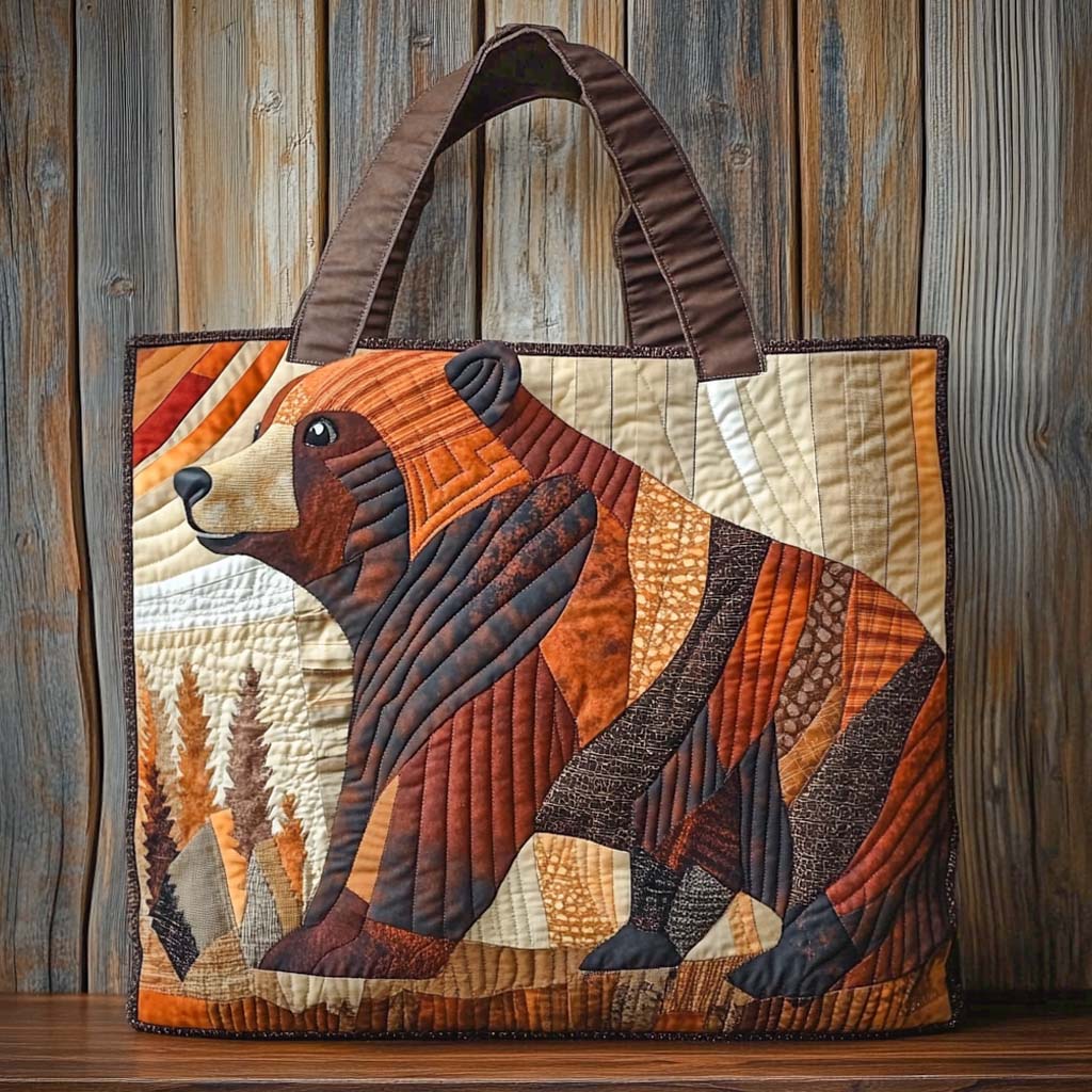 Patchwork Brown Strength Quilted Tote Bag Bear Gifts For Him Her