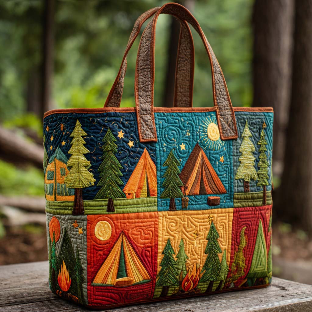 Patchwork Campsite Quilted Tote Bag Gifts For People With Campers
