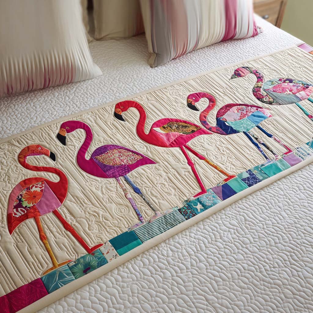 Patchwork Charm Quilted Bed Runner Cozy Bedroom Decor Novelty Flamingo Gifts