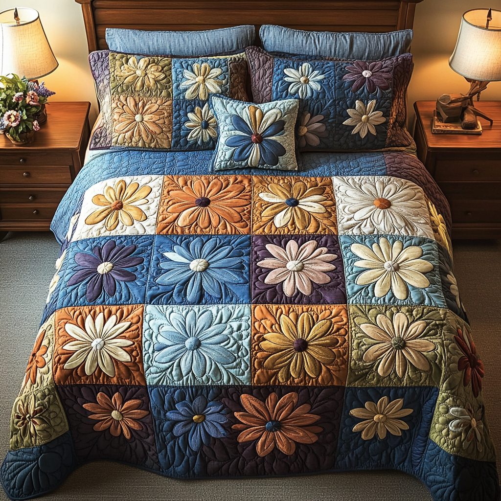 Patchwork Charm Quilted Bedding Set Aesthetic Room Decor Daisy Related Gifts