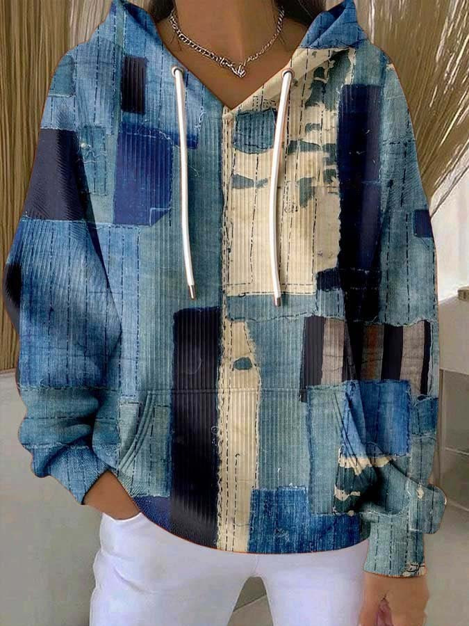 Patchwork Coarse Needle Drawstring Hoodie Blue Streetwear Cozy Clothing Gift For Mom