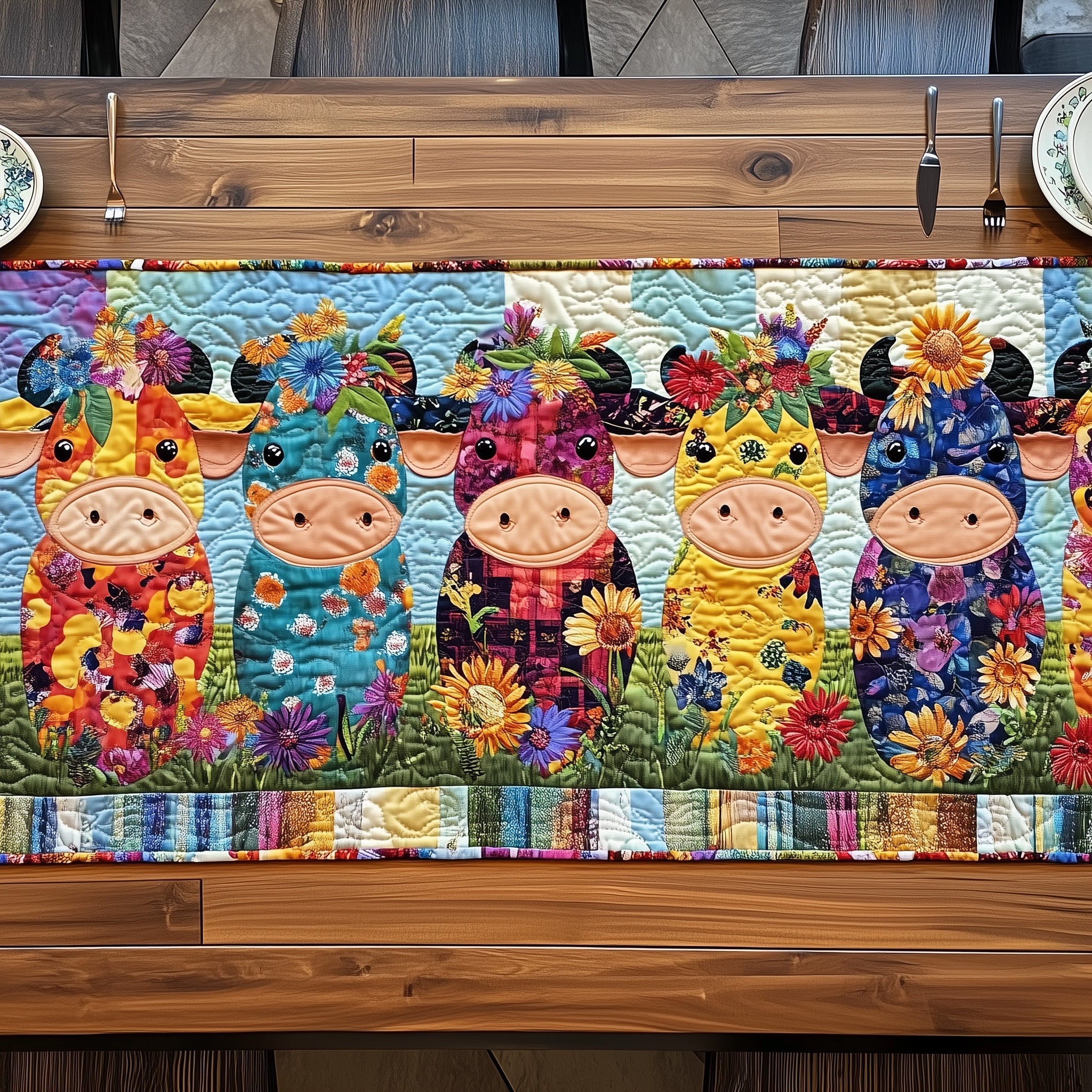 Patchwork Cows Quilted Table Runner Christmas Dining Room Table Runner